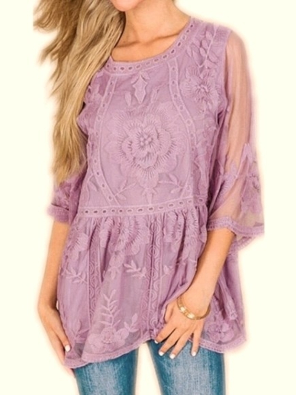 Entro Boho Floral Embroidered Babydoll Top Sheer 3/4 Sleeve Small